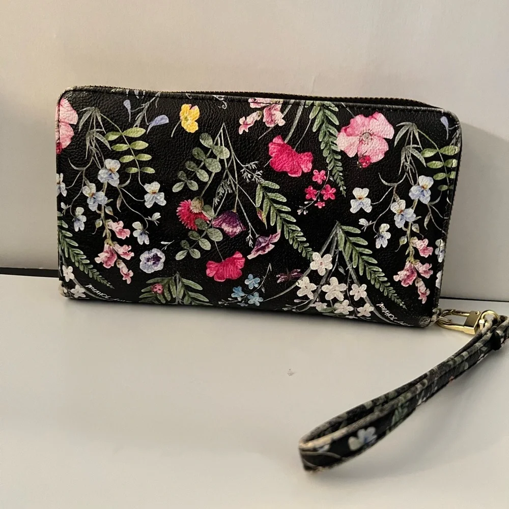 Betsey Johnson Watercolor Black Floral Large Clutch Zip-Around Wallet